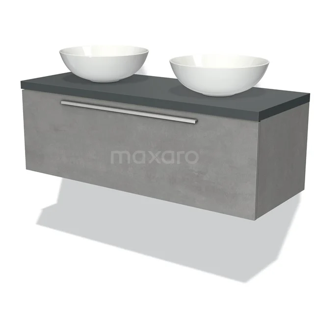 Modulo Plato Badmöbel mit Aufsatzwaschbecken | 120 cm Hellgrauer Beton Flach front Dunkelgrau blatt 1 Schublade BMK11-01732 Graue Badmöbelset mit doppelter Waschtischplatte und weißen Schalen, modernes Betoneffekt-Design.