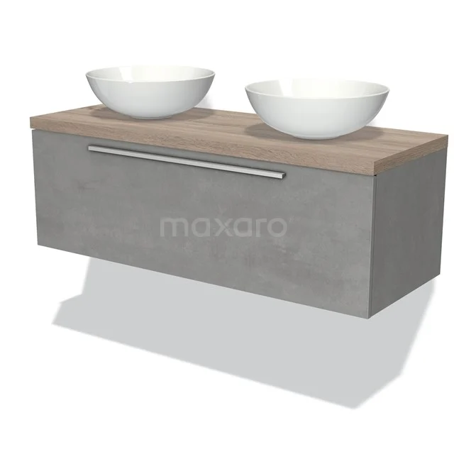 Grauer hängender Badschrank mit Holzoptik-Platte und zwei weißen Waschbecken, ideal für moderne Bäder.