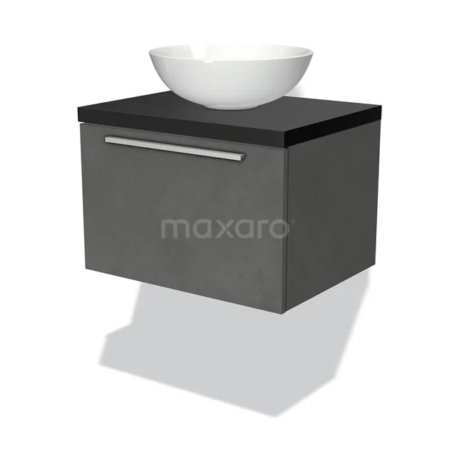 Dunkelgrauer schwebender Badschrank mit schwarzer Platte und weißem Aufsatzwaschbecken, modernes Design aus nachhaltigem Material.