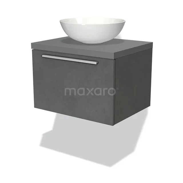 Badmöbel für Waschtischunterschrank mit Konsole 60cm Modulo Plato Dunkelgrauer Beton 1 Schublade Flach Mittelgraue Platte BMK11-01742 Graues Holz-Badmöbel mit weißem Aufsatzwaschbecken, Wandmontage und modernem Edelstahl-Griff, ideal für ein stilvolles Badezimmer.