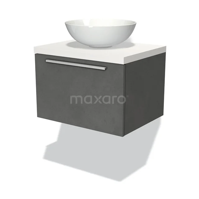 Badmöbel für Waschtischunterschrank mit Konsole 60cm Modulo Plato Dunkelgrau Beton 1 Schublade Flach Matt Weiß Platte BMK11-01744 Graue Wandkommode mit weißem Aufsatzwaschbecken, modernes Badmöbel, geradliniges Design aus Holz und Keramik.