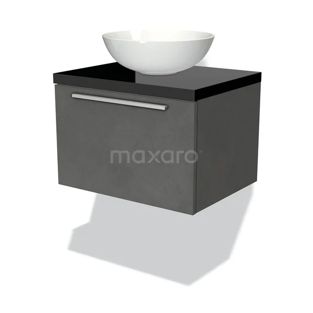 Badmöbel für Waschtischunterschrank mit Konsole 60cm Modulo Plato Dunkelgrau Beton 1 Schublade Flach Hochglanz Schwarz Platte BMK11-01746 Graue Wandmöbelset mit schwarzer Platte und weißem Waschbecken, ideal für moderne Badezimmerinterieurs.