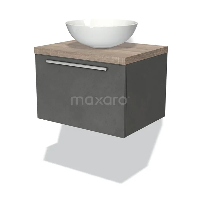 Hängendes Badmöbel mit anthrazitfarbenem Gehäuse, Holzplatte und weißem Aufsatzwaschbecken; schlankes Design für moderne Bäder.