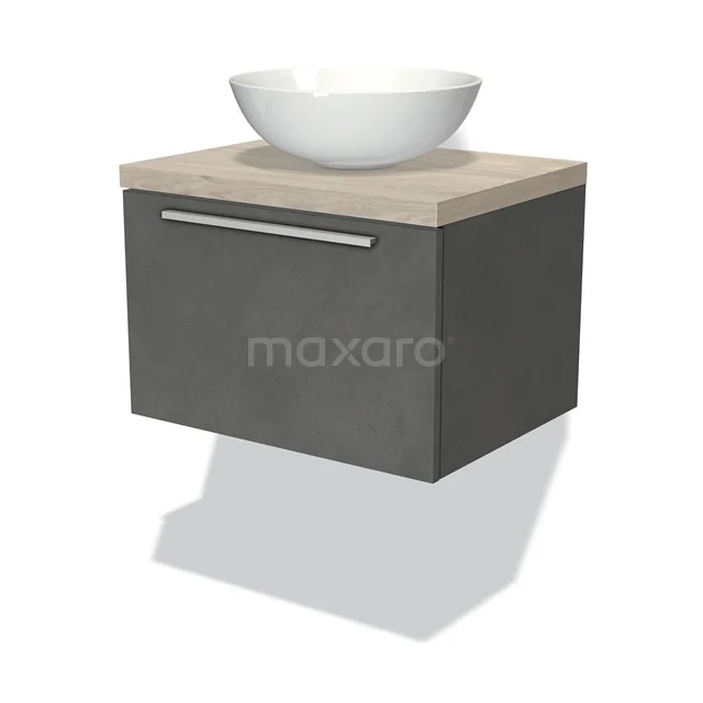 Modulo Plato Badmöbel mit Aufsatzwaschbecken | 60 cm Dunkelgrauer Beton Flach front Hellgraue Eiche blatt 1 Schublade BMK11-01748 Moderne graue Badmöbelset mit Holzlook Platte und weißer schalenförmiger Waschbecken, minimalistisch und wandmontiert.