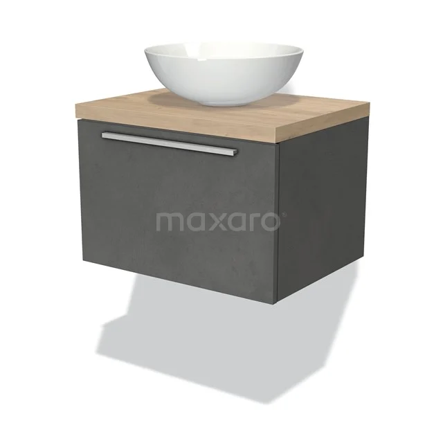 Grauer hängender Badschrank mit Holzoptik Platte, ausgestattet mit einem runden weißen Aufsatzwaschbecken, modernes Design.