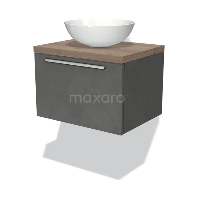 Graue schwebende Badmöbelset mit Holzoptik Platte, weißem runden Aufsatzwaschbecken und breitem Metallgriff. Modernes und kompaktes Design.