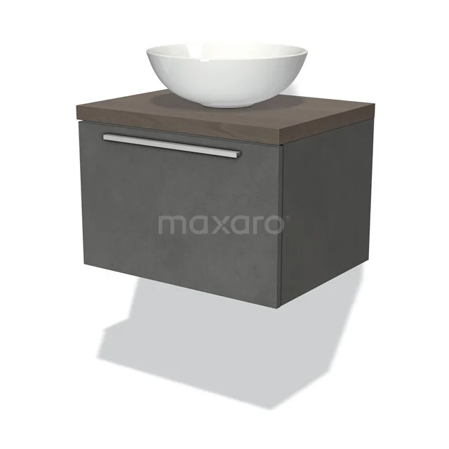 Zwevende Badschrank in Betonlook mit Holzplatte und weißem rundes Waschbecken, ideal für moderne Bäder.