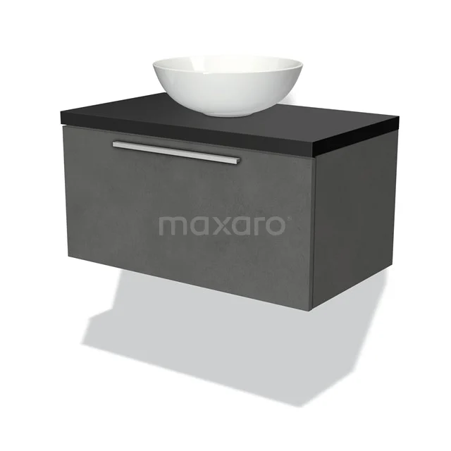 Graue Badmöbel mit Betonlook, schwarzer Platte und weißem keramischen Aufsatzwaschbecken, ideal für moderne Badezimmergestaltung.