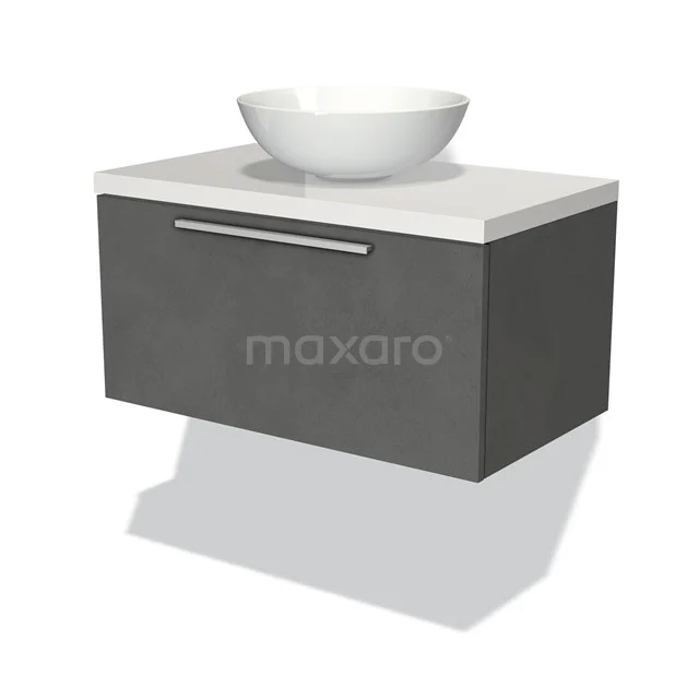 Graue schwebende Badmöbelset mit weißer Platte, keramischem Aufsatzwaschbecken und metallischem Haltegriff für einen modernen Badezimmerstil.