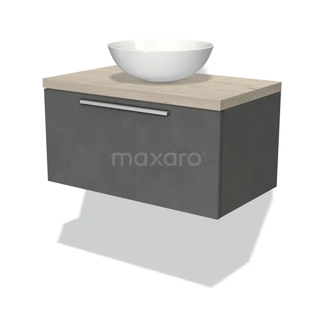 Graues hängendes Waschtischmöbel mit Holzplatte und weißem schalenförmigen Waschbecken, ideal für einen modernen Badezimmerstil.