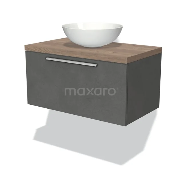 Modulo Plato Vanity units for countertop basin | 80 cm Dark grey concrete Flat front Mid brown oak worktop 1 drawer BMK11-01763