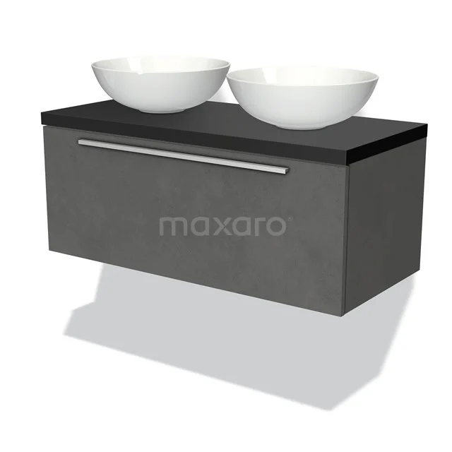 Grauer Badschrank mit schwarzer Platte, zwei weißen Waschbecken und Edelstahl-Haltegriff; modernes Badmöbel im hängenden Design.