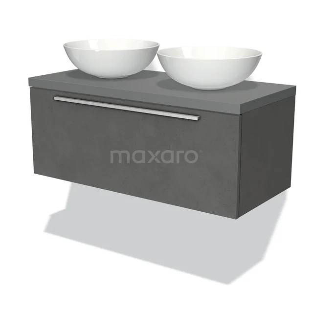 Dunkelgrau Badmöbel mit einer Schublade, zwei weißen keramischen Aufsatzwaschbecken und einem modernen Chrom Haltegriff.