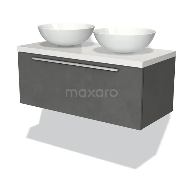 Badmöbel für Waschtischunterschrank mit Konsole 100cm Modulo Plato Dunkelgrau Beton 1 Schublade Flach Hochglanz Weiß Platte BMK11-01769 Graues schwebendes Badezimmermöbel mit doppelten weißen Aufsatzwaschbecken, schmaler Schublade und modernem Design.