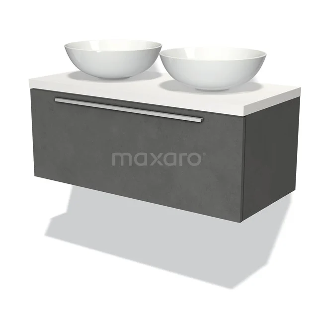 Modulo Plato Badmöbel mit Aufsatzwaschbecken | 100 cm Dunkelgrauer Beton Flach front Matt Weiß blatt 1 Schublade BMK11-01770 Schwebendes anthrazitfarbenes Badmöbel mit doppelten weißen Waschbecken, modernes Design und klare Verarbeitung.