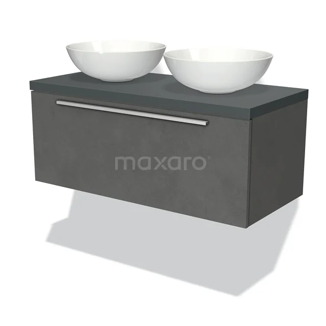 Graue hängende Badmöbelset mit Betonlook, zwei weißen Aufsatzwaschbecken und chromfarbener Haltegriff, modernes Design.