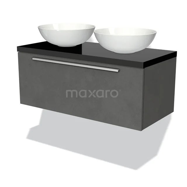 Badmöbel für Waschtischunterschrank mit Konsole 100cm Modulo Plato Dunkelgrau Beton 1 Schublade Flach Hochglanz Schwarz Platte BMK11-01772 Graues hängendes Badmöbel mit zwei weißen Aufsatzwaschbecken, modernes Design, ausgestattet mit einer schwarzen Platte und einem metallenen Haltegriff.