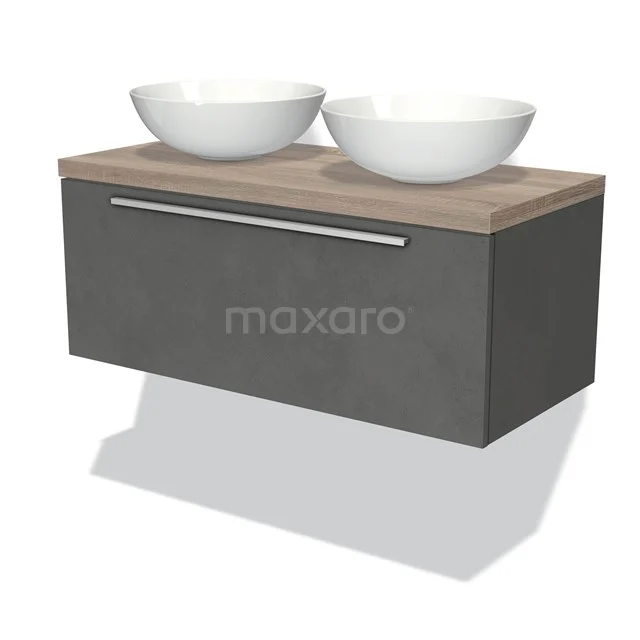 Graue Badmöbelset mit Holzlook Platte, zwei weißen Aufsatzwaschbecken und einer breiten Schublade; schlankes und modernes Design.