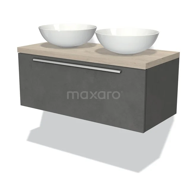 Grau hängendes Badmöbel mit Holzplatte und doppelten weißen Aufsatzwaschbecken, modernes Design für einen zeitgemäßen Badezimmerstil.