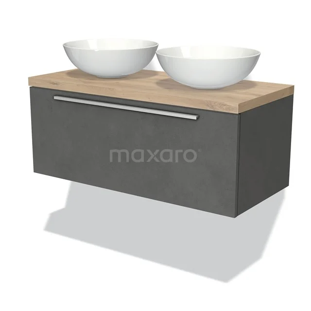 Badmöbel für Waschtischunterschrank mit Konsole 100cm Modulo Plato Dunkelgrauer Beton 1 Schublade Flach Hellbraune Eiche Platte BMK11-01775 Dunkelgrau Badmöbel mit Schublade, Holzplatte und zwei weißen Aufsatzwaschbecken, modernes Design.