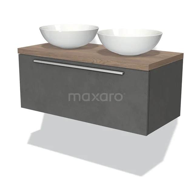 Dunkelgraue Badmöbelset mit Holzplatte, doppelten weißen Aufsatzwaschbecken und integrierter chromfarbener Haltegriff.