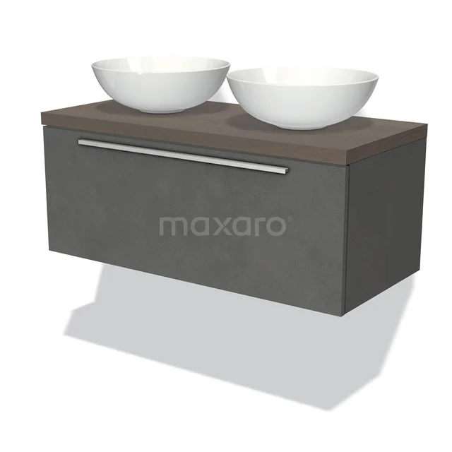 Badmöbel für Waschtischunterschrank mit Konsole 100cm Modulo Plato Dunkelgrauer Beton 1 Schublade Flach Dunkelbraune Eiche Platte BMK11-01777 Graue schwebende Badmöbelset mit Holzplatte und weißen Doppel-Aufsatzwaschbecken, modernes Design.