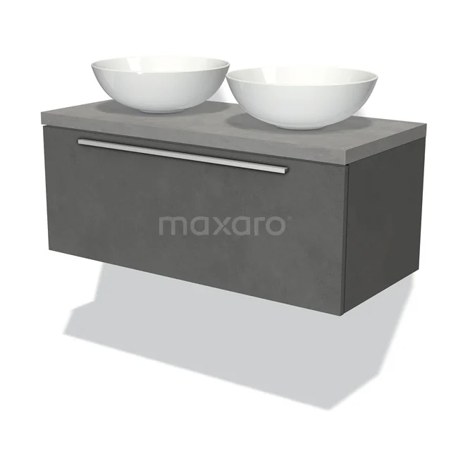 Graue schwebende Badschränke mit zwei weißen Waschbecken, modernes Design, ideal für stilvolle Badezimmeraufstellungen.