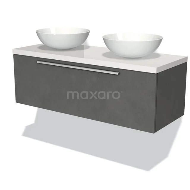Dark grey bathroom furniture set with double round basins, contemporary design and a ceramic worktop.
