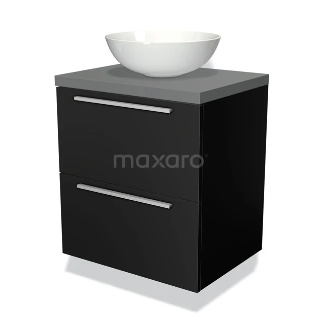 Schwarze Badmöbelset mit grauer Platte, weißem Aufsatzwaschbecken und zwei Schubladen; modernes Design ideal für einen schlichten Badezimmerstil.