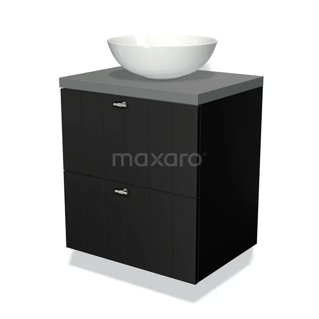 Zwart badkamermeubel met twee lades, grijze bovenplaat en witte keramische waskom, modern design voor stijlvolle badkamers.