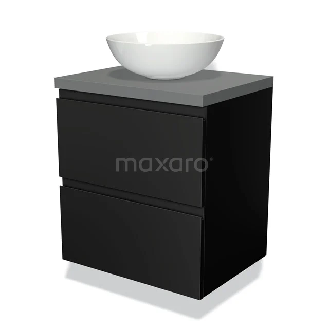 Zwarte badmeubelset met grijze blad en witte opzetwasbak, modern design.