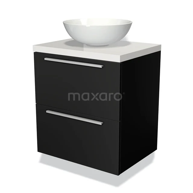 Badmöbel für Aufsatzwaschbecken 60cm Modulo Plato Matt Schwarz 2 Schubladen Flach Hochglanz Weiß Platte BMK17-00144 Schwarz-weiß Badmöbel mit keramischem Aufsatzwaschbecken, schlichtes Design, zwei Schubladen und rostfreien Haltegriffen.