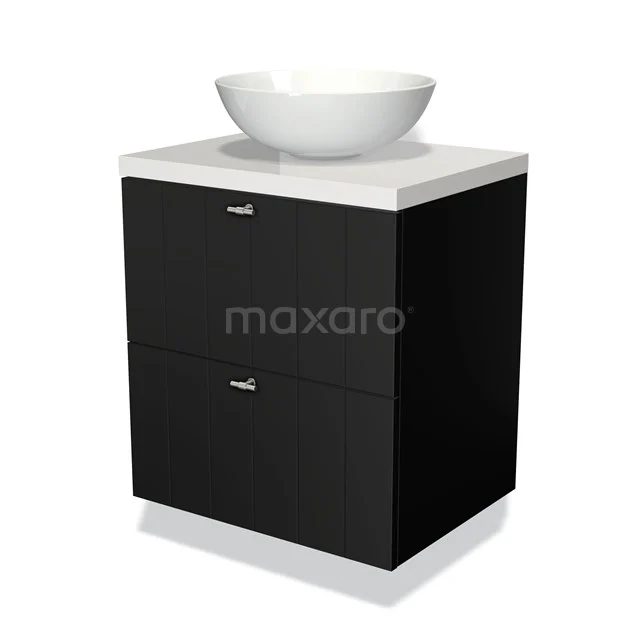 Zwart houten badkamermeubel met twee lades, wit keramische waskom en strak modern design voor een stijlvolle badkamer.
