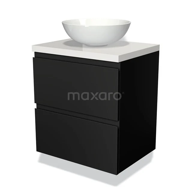 Zwart badkamermeubel met piano-afwerking, twee lades en een witte opbouw wastafel, perfect voor moderne badkamers.