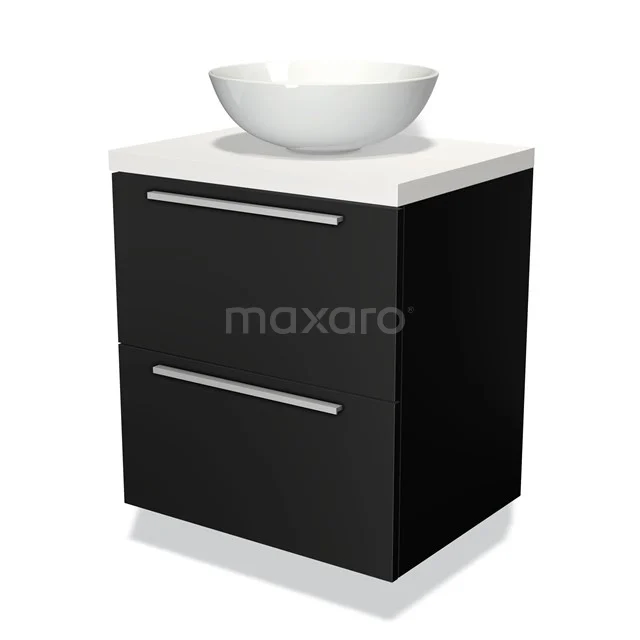 Badmöbel für Waschtischunterschrank mit Konsole 60cm Modulo Plato Matt Schwarz 2 Schubladen Flach Matt Weiß Platte BMK17-00147 Schwarzer Badschrank mit weißem Aufsatzwaschbecken, modernes Design und klare Linien, perfekt für eine stilvolle Badezimmer Einrichtung.