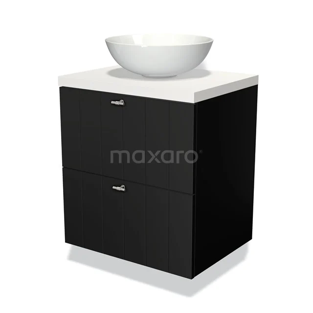 Zwart badkamermeubel met opzetwastafel, strak design, twee lades en een wit keramische wastafel, ideaal voor moderne badkamers.