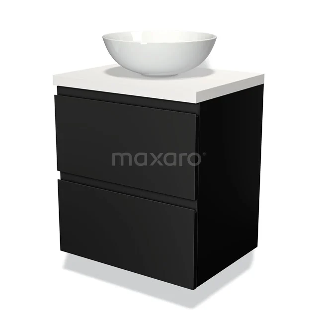 Zwarte badkamermeubelset met keramische wastafel, twee lades en een strak design; ideaal voor een moderne badkamer.