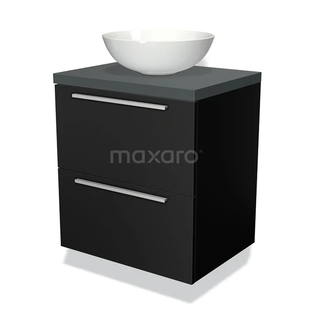 Zwart badkamermeubel met matglazen wastafelblad en ronde witte waskom, modern design met strakke lijnen en metalen grepen.