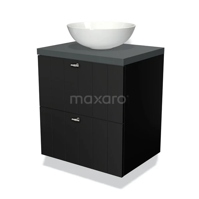 Zwarte wastafelmeubelset met twee lades, grijs blad en witte waskom, modern design voor stijlvolle badkamerinrichting.