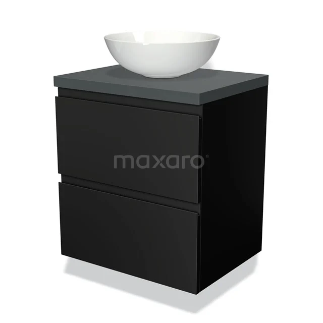 Zwarte badkamermeubelset met matgrijze wastafelblad en witte ronde opzetwaskom, modern design van keramiek.