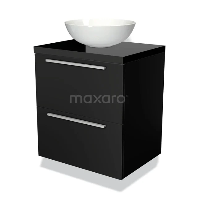 Schwarzer Badschrank mit weißem keramischen Waschbecken, moderne Ausstrahlung, zwei Schubladen für Stauraum.