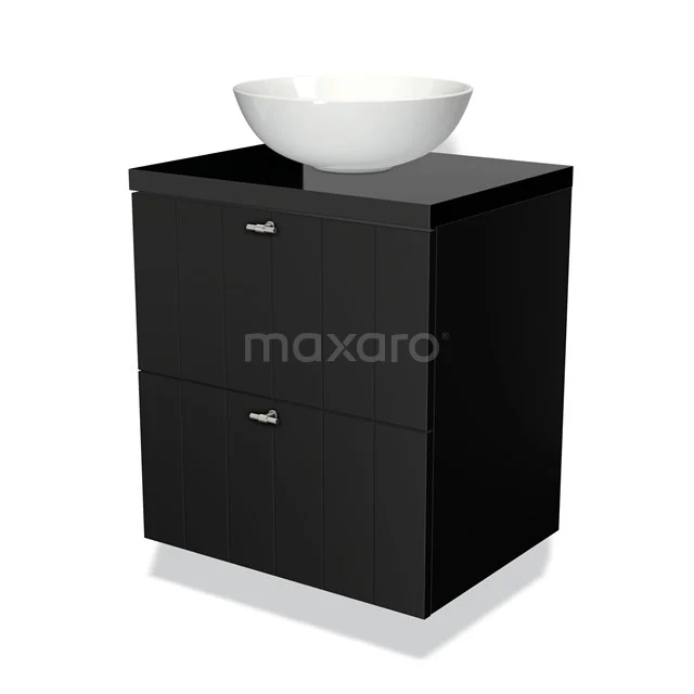 Schwarzer Badschrank mit zwei Schubladen und Aufsatzwaschbecken aus weißer Keramik, modernes Design, perfekt für eine stilvolle Badezimmer Einrichtung.