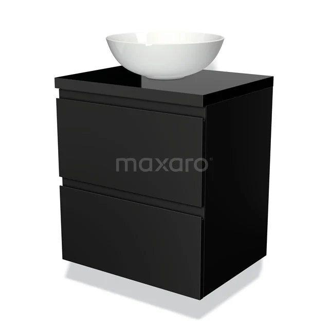 Schwarzes Badmöbel mit einer glänzenden Oberfläche, zwei Schubladen und einem weißen runden Waschbecken aus Keramik.