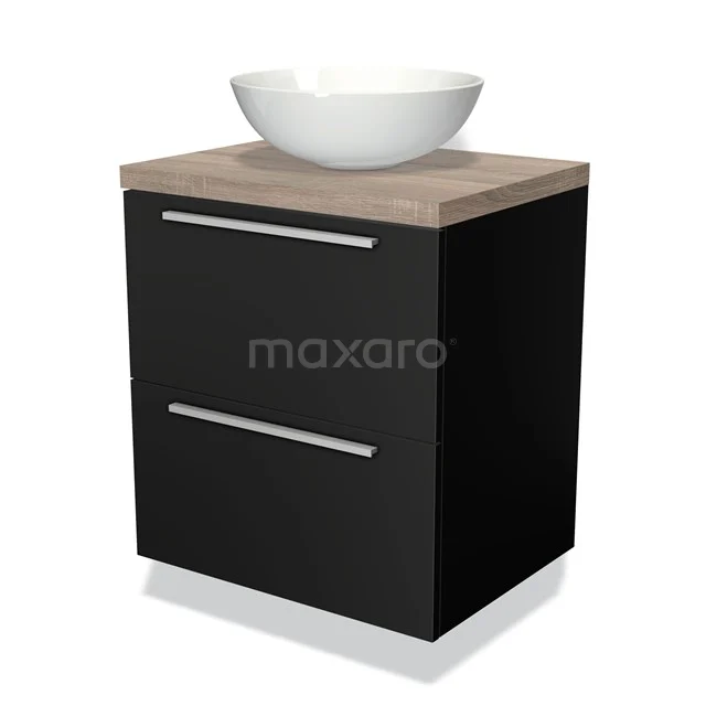 Zwart badkamermeubel met houtlook blad, ronde witte keramische waskom en twee lades, modern design.