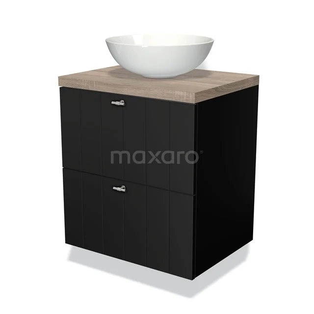 Zwart badkamermeubel met houten blad, twee lades en ronde witte waskom; stijlvol en modern ontwerp voor elke badkamer.