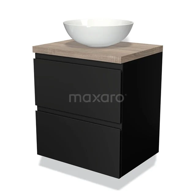 Zwarte badkamermeubel met houten blad, ronde witte wastafel; stijlvol design ideaal voor moderne badkamers.