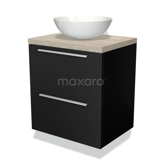 Zwart badkamermeubel met houtlook blad en witte wastafelkom, modern design met twee lades en strakke metalen grepen.