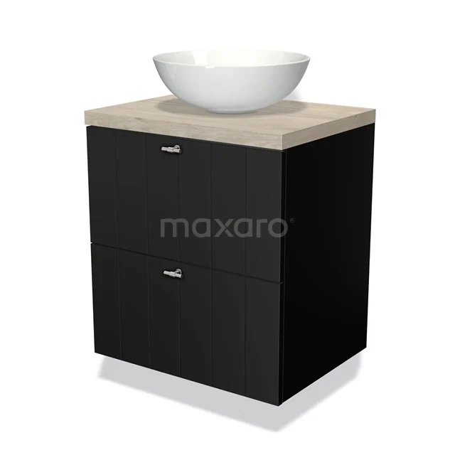 Zwarte badkamerkast met twee lades, licht houten blad en witte ronde waskom; compact design voor moderne badkamers.