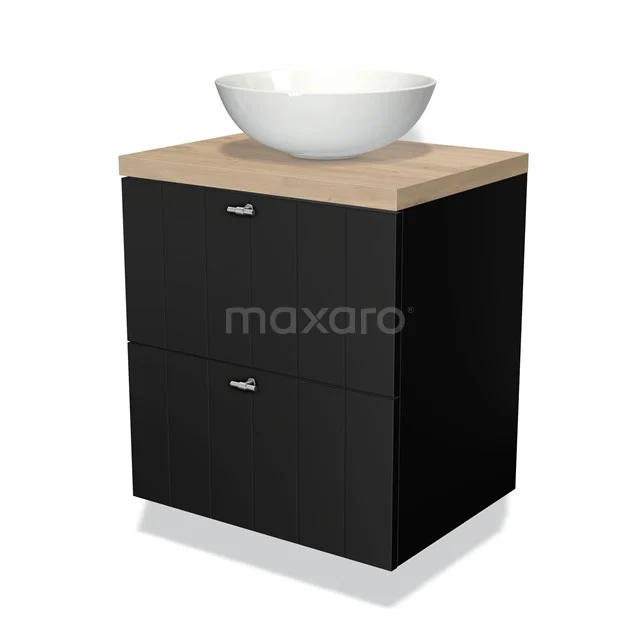 Zwart houten wastafelmeubel met een witte ronde waskom, natuurlijke houtlook bovenblad, ideaal voor een moderne badkamer.