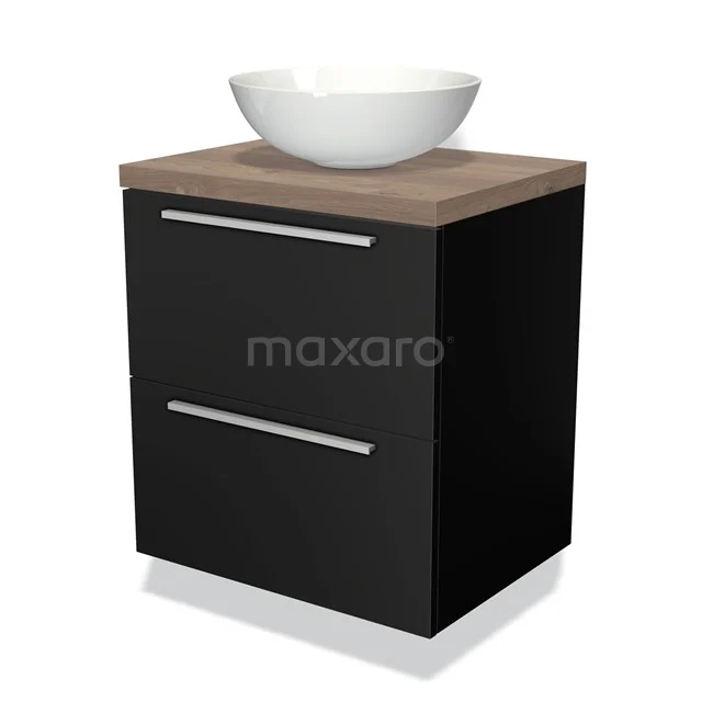 Zwarte badkamerkast met houtlook blad, witte ronde waskom en metalen handgrepen; modern en praktisch badkamermeubel.